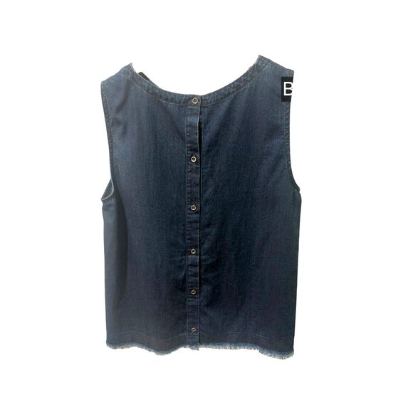 Eileen Fisher XL Dark Wash Denim Sleeveless Top W/ Frayed Hem & Button Back - Picture 2 of 5